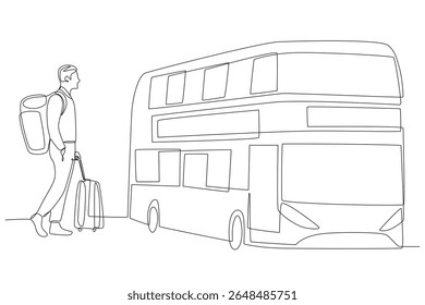 A man who continues his journey by transiting by bus. Travel in transit concept one-line drawing