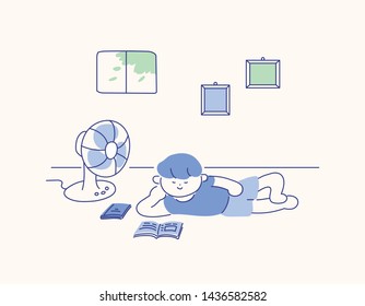 A man who cools the heat in a fan. Cute hand drawn illustration vector EPS10