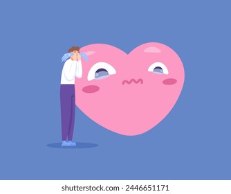 a man who cries because of love. hurt by girlfriend. heart expression that looks sad. confused and sad because of love. love problems. flat style illustration concept design. graphic elements. vector