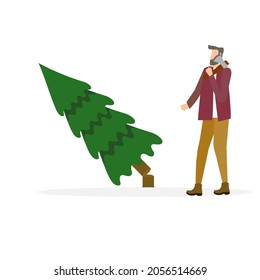 man who cut down a Christmas tree for Christmas and New Year, vector illustration