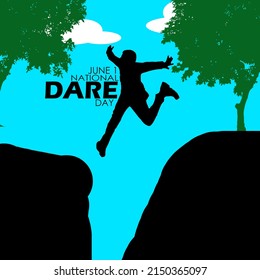 A Man Who Dares To Jump From One Cliff To Another On A Cloudy Sunny Day With Trees And Bold Texts, Dare Day June 1