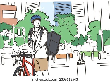 A man who delivers by bicycle with a smartphone
