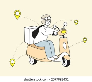 A man who delivers motorcycles to various regions illustration set. Helmet, scooter, non-contact, delivery, quick. Vector drawing. Hand drawn style.