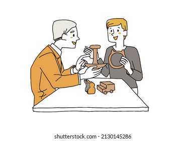 A man who designs toys, a comical handwritten person illustration, a simple coloring on a vector line drawing, and a white background.