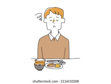 Un hombre que no come comidas, una cómica ilustración manuscrita, un simple colorido en un dibujo de una línea vectorial