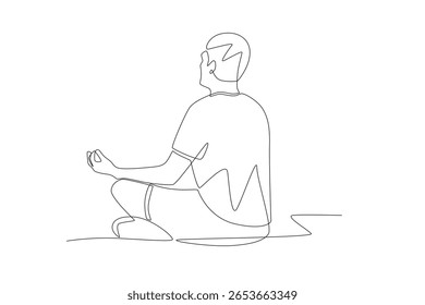 Man who does yoga for relaxation. Mental health retreats concept one-line drawing