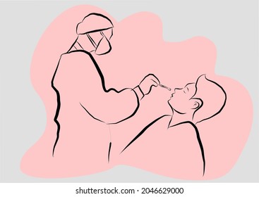 A man who is doing a covid examination. Hand drawn in thin line style, vector illustration.