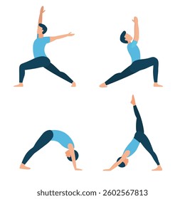 a man who is doing various kinds of yoga movements. a person in a blue shirt who is doing a yoga pose. simple flat characters