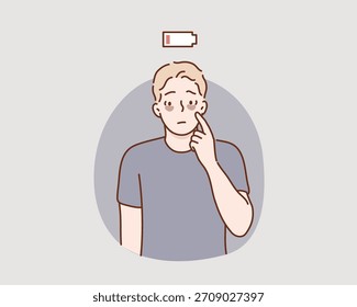 Man who don't get enough rest cause dark circles under their eyes. Vector male character is not bright from lack of sleep and staying up late. Original vector illustration drawn by hand.