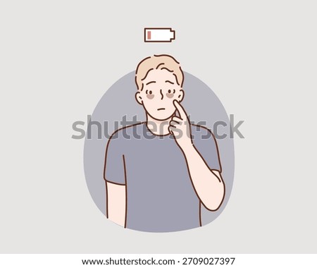 Man who don't get enough rest cause dark circles under their eyes. Vector male character is not bright from lack of sleep and staying up late. Original vector illustration drawn by hand.