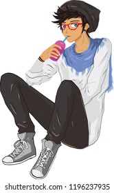 A man who drinking a grape juice