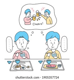 A man who eats silently while thinking of a drinking party, loose hand-drawn illustration cut.