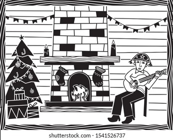 man who is enjoying music in front of a fireplace and a Christmas tree. cordel illustration