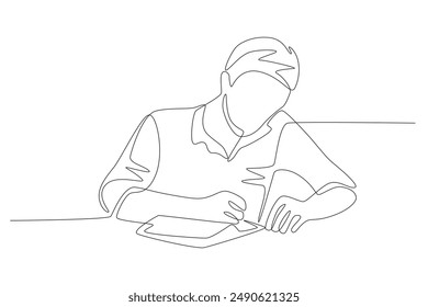 A man who is enthusiastic about doing his homework. Homework concept one-line drawing