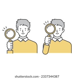 A man who examines using a magnifying glass A man who confirms