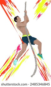 a man who is exercising on a rope climb, with a white background full of paint-splattered textures