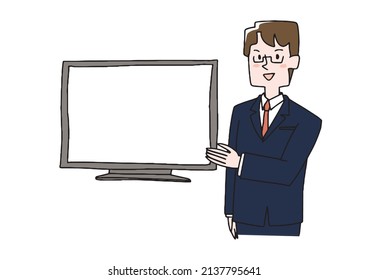 A man who explains while showing the LCD screen, a comical handwritten person, a vector, and simple coloring of line drawings.