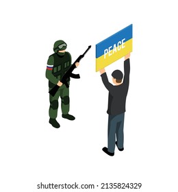 A man who faces Russian soldiers and appeals against the invasion of Ukraine.   3d illustration.