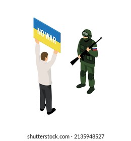 A man who faces Russian soldiers and appeals against the invasion of Ukraine.   3d illustration.