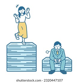 A man who falls into low income and a woman who is pleased with high income