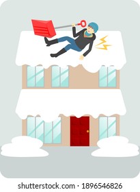 Un hombre que cae mientras saca la nieve del techo