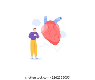 a man who feels chest pain. Symptoms of heart disease or heart attack. illustration of a heart in trouble. health problems. illustration concept design. vector elements