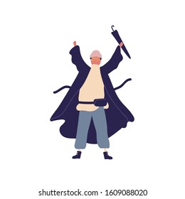 Man who feels happy because the rain is over isolated on white background. Autumn character with raise hands and closed umbrella flat vector illustration. Concept of joy after a bad period