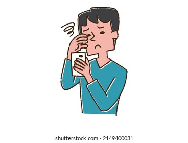 A man who feels tired from looking too much on his smartphone, a comical handwritten person, vector, line drawing and color