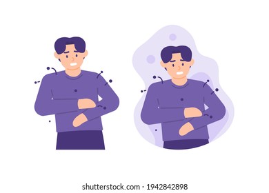 A Man Who Feels Uncomfortable And Feels Itchy Because Of Fleas On Clothes. Repel Lice On Clothes. Attacked By Nuisance Insects. Flat Style. Vector Design