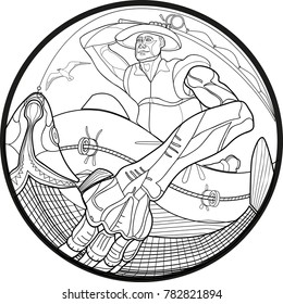 A man who fishes in the open sea in the lines. Fishing. Vector Image