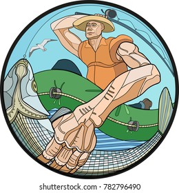 A man who is fishing in the open sea. Fishing.Vector Image