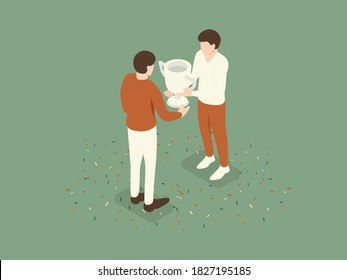 Man who gave the trophy to the winner. Isometric Illustration about getting a victory.