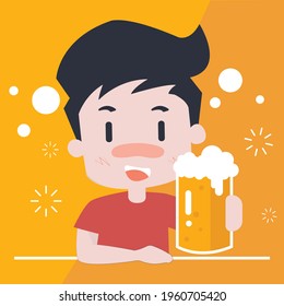 a man who get drunk is holding a large mug of beer. vector illustration party concept.