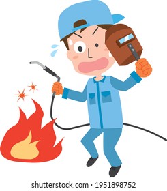 A man who gets impatient with a fire during welding work