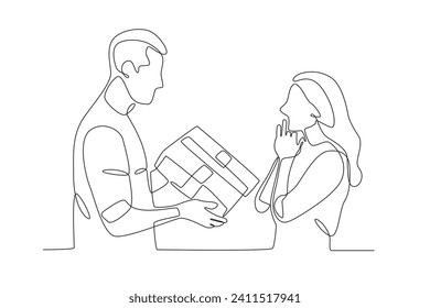 A man who gets a surprise from his partner. white day one-line drawing
