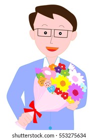 The man who is given a bouquet.
