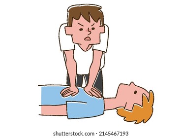 A man who gives a heart massage to a fallen patient, a comical handwritten person vector, color on a line drawing