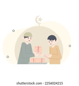 a man who gives rice to break the fast. Ramadan illustration. Giving rice packs to people who are fasting.