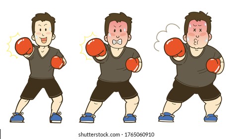 A man who goes on a diet by boxing. Illustration of changes in body shape.
Vector illustration on white background.