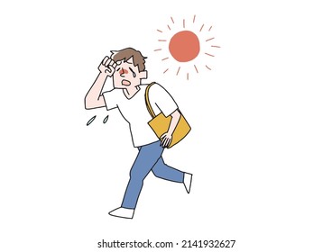 A man who goes out in the hot weather, a comical handwritten person, a vector, a line drawing and a color