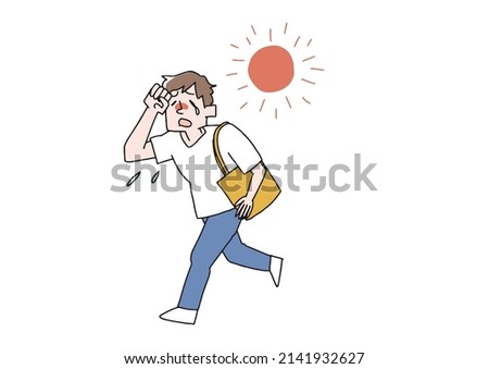 A man who goes out in the hot weather, a comical handwritten person, a vector, a line drawing and a color