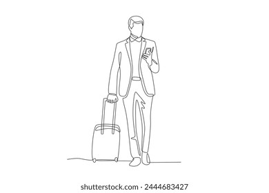 a man who is going on a business trip checks his cellphone.Business travel one-line drawing