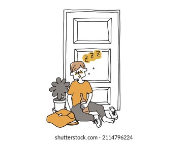  A man who got drunk and went home and fell asleep at the entrance. A comical handwritten person vector, simple coloring of line drawings.