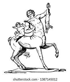 The man who had upper body of a human and rest was of horse and one kid sat on horseback. Kid had wings too, vintage line drawing or engraving illustration.