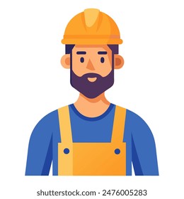 The man, who has a beard, is donning a hard hat and overalls
