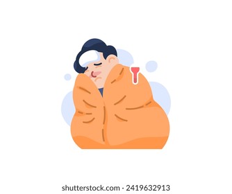 A man who has a fever. wearing a blanket because of catching a cold. high body temperature. health problems and diseases. the character of people. Cartoon or flat style illustration design. graphic 