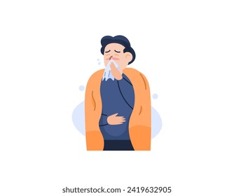 A man who has flu or colds. wearing a blanket because of the body is feverish. using tissues. health problems and diseases. the character of people. Cartoon or flat style illustration design. graphic 