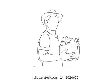 A man who has just finished harvesting vegetables.People picking herbs or veggie one-line drawing