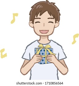 The man who has a present on a white background. He seems very happy.