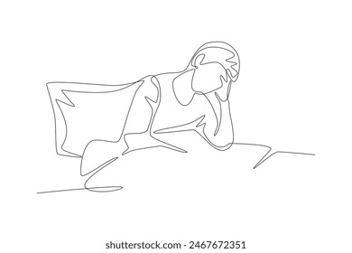 A man who has trouble sleeping. Struggling to sleep concept one-line drawing